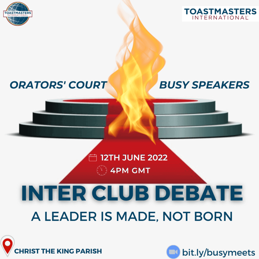 Debate - Busy Speakers Toastmasters Club vs Orators Court Toastmaters Club