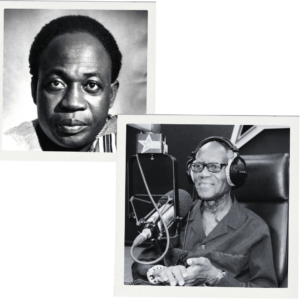 Kwame Nkrumah, the first president of Ghana at the top left and Legendary Ghanaian Sports Commentator Joe Lartey at the bottom right