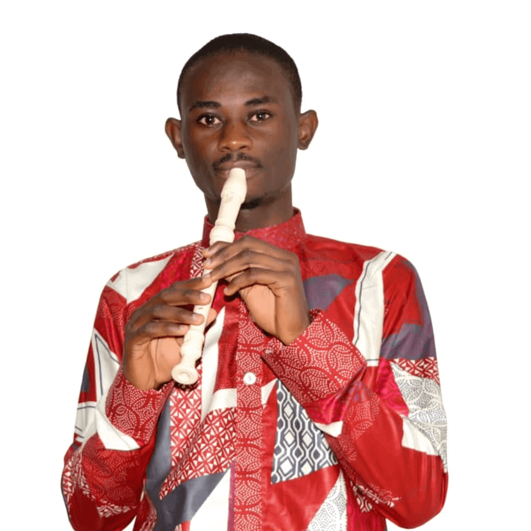 Peter holding the recorder to his mouth. He is dressed in a long sleeved full dress that reaches just below his knees.