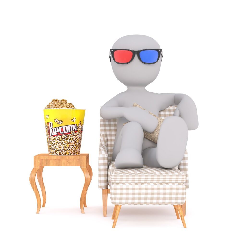 white male, 3d model animated seated in a couch with a cup of popcorn on a coffee table beside the couch. Movie mood activated
