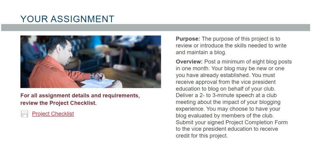 Screenshot of project assignment - Write A Compelling Blog - an elective project in Level 4 of Toastmasters Pathways program.