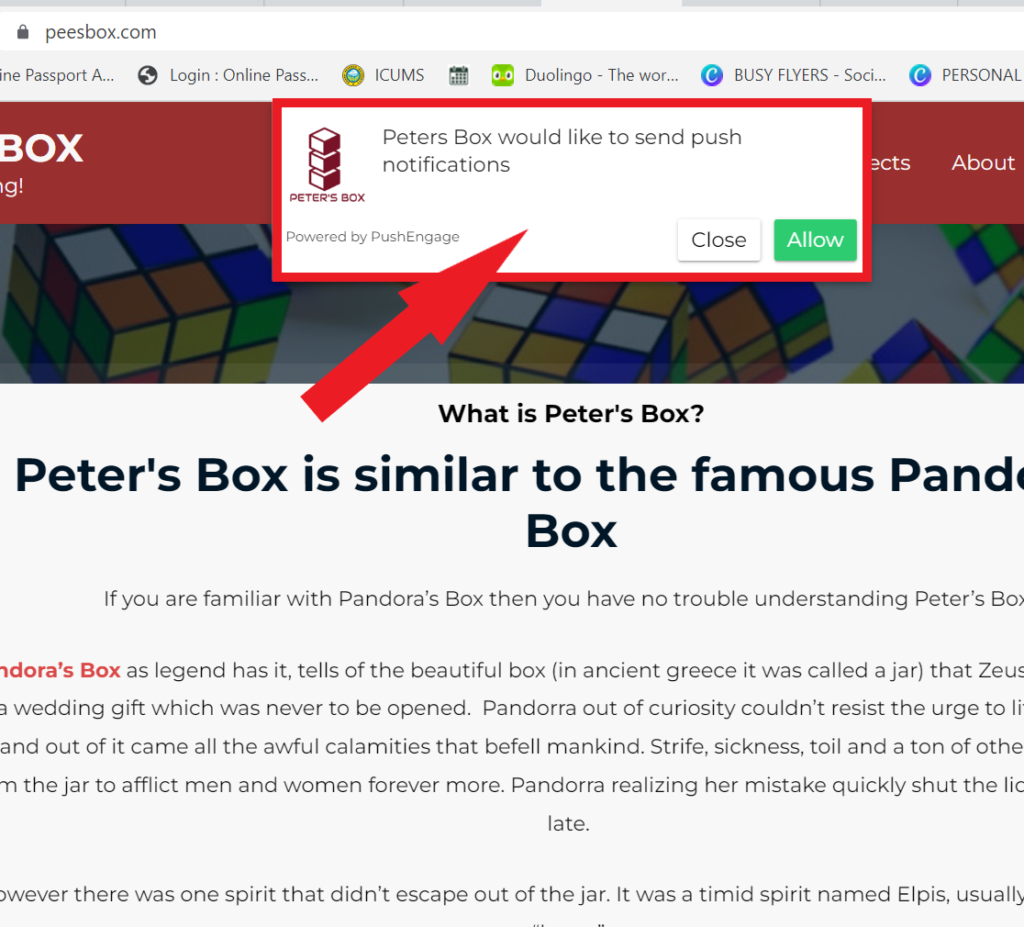 example of push notification on Peter's Box